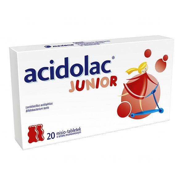 Acidolac Junior, dla dzieci od 3 lat, smak truskawkowy, 20 misio-tabletek