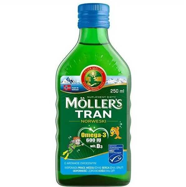 Moller's Tran Norweski, 600IU powyżej 3 lat, aromat owocowy, 250 ml