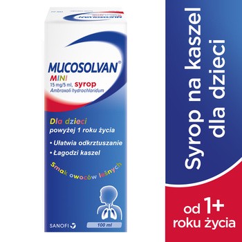 Mucosolvan Mini 15 mg/ 5 ml, syrop dla dzieci powyżej 1 roku, smak owoców leśnych, 100 ml