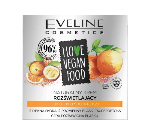 Eveline I Love Vegan Food, naturalny krem rozświetlający, camu camu, pomarańcza, 50 ml
