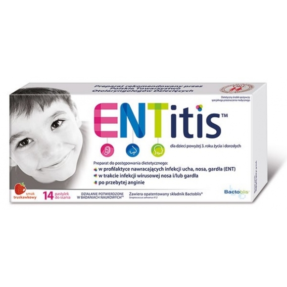 ENTitis dla dzieci powyżej 3 roku życia, smak truskawkowy, 14 pastylek do ssania